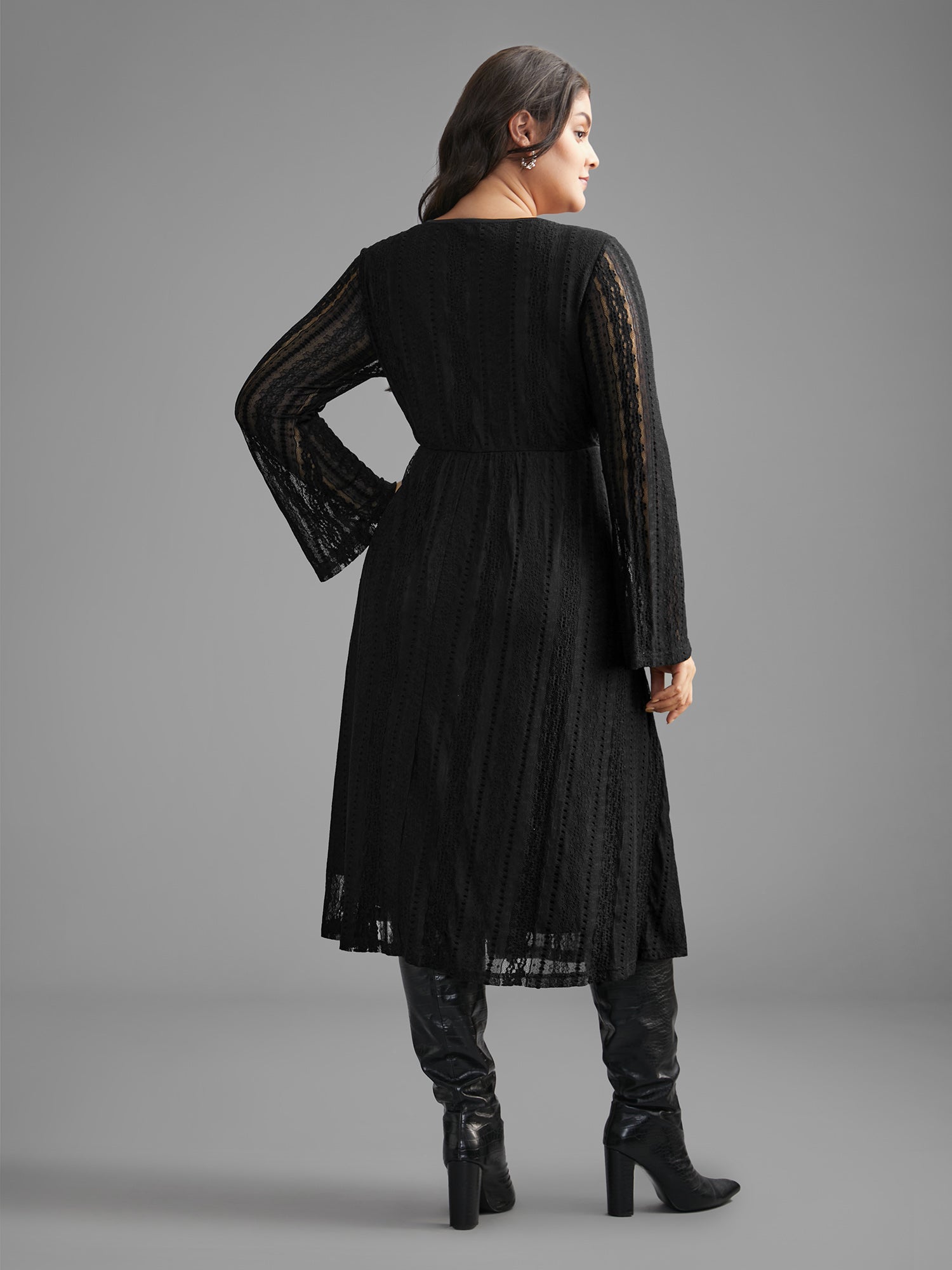 Textured Lace Panel Bell Sleeve Dress