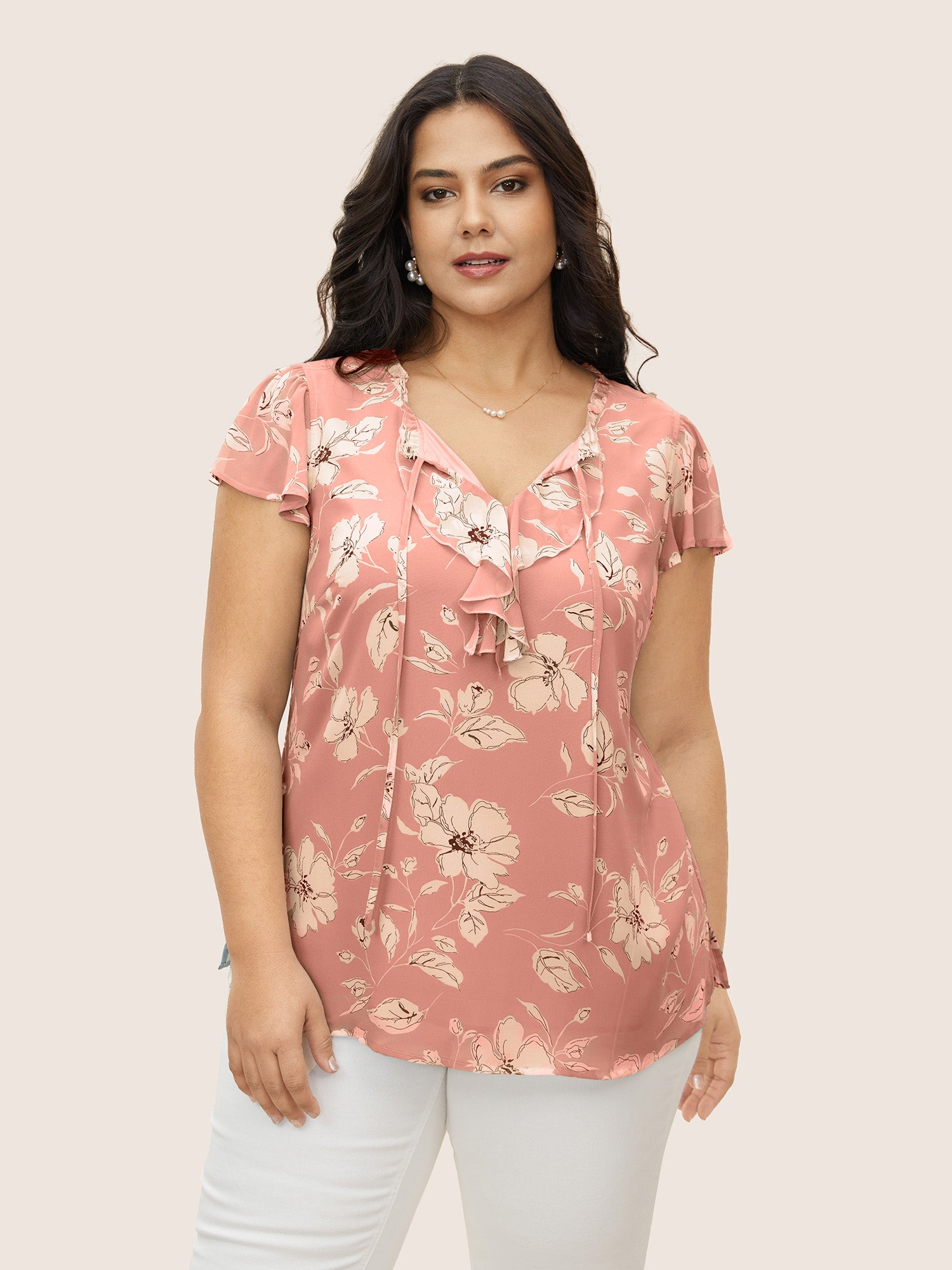 Floral Frill Trim Tie Knot Ruffles Blouse