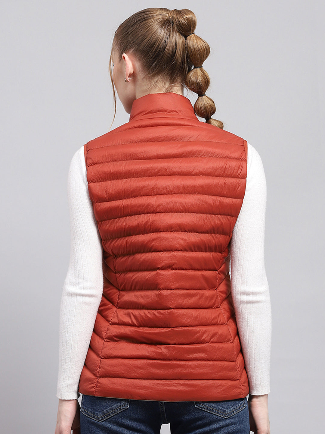 Women Rust Solid Mock Neck Sleeveless Jacket