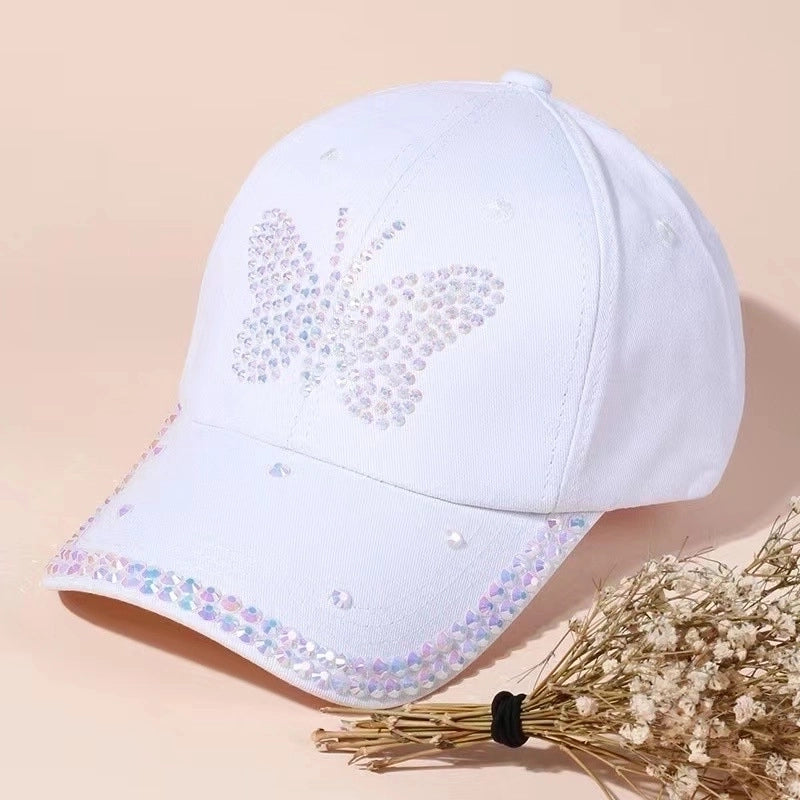 Women's Basic Minimalist Butterfly Rhinestone Curved Eaves Baseball Cap