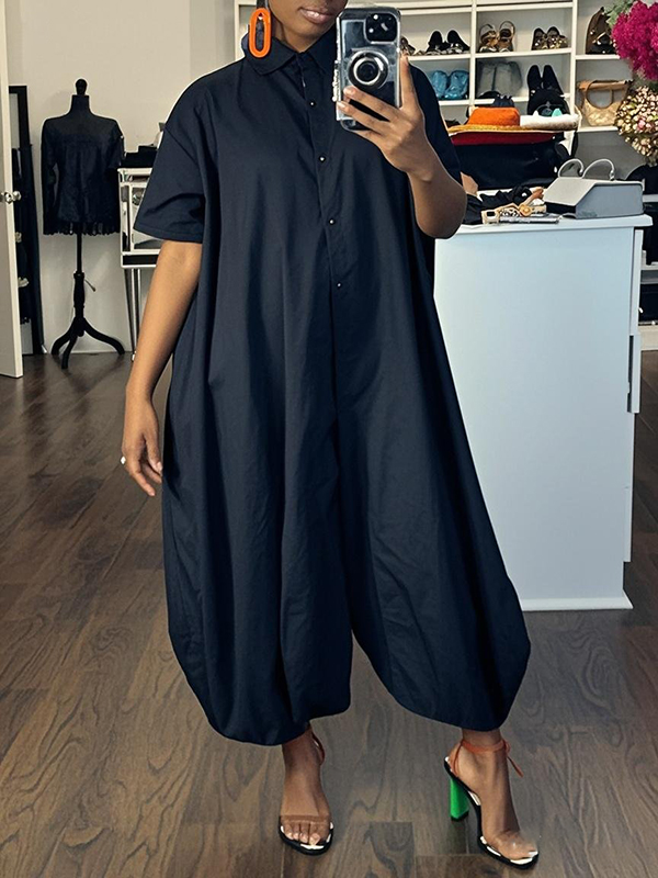 Half Sleeves Loose Buttoned Elasticity Solid Color Lapel Jumpsuits