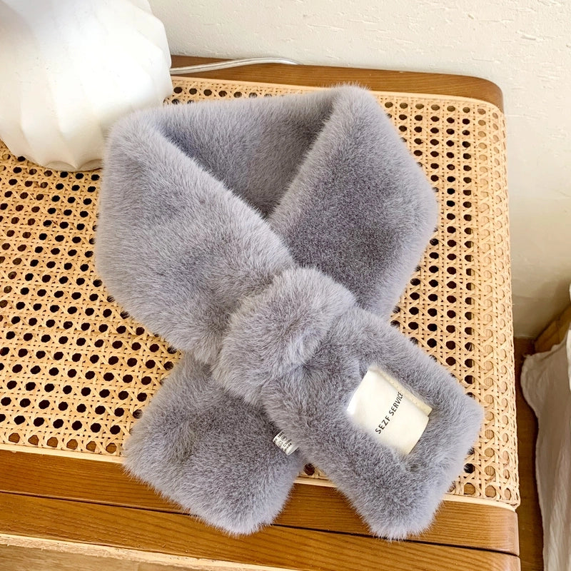 White Logo Plush Collar Scarf For Women Autumn And Winter  Warm Fashion All-match Cross Scarf
