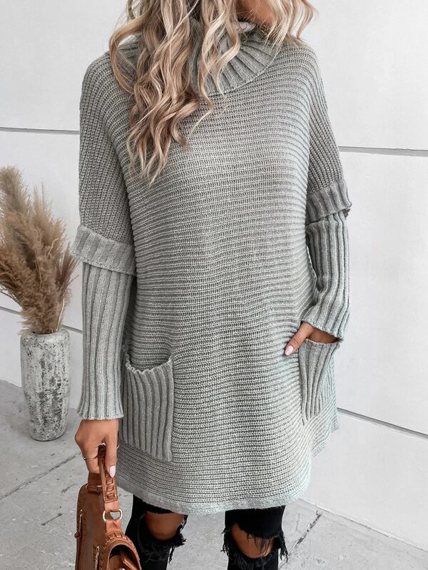 Turtleneck Batwing Sleeve Pocket Patched Sweater