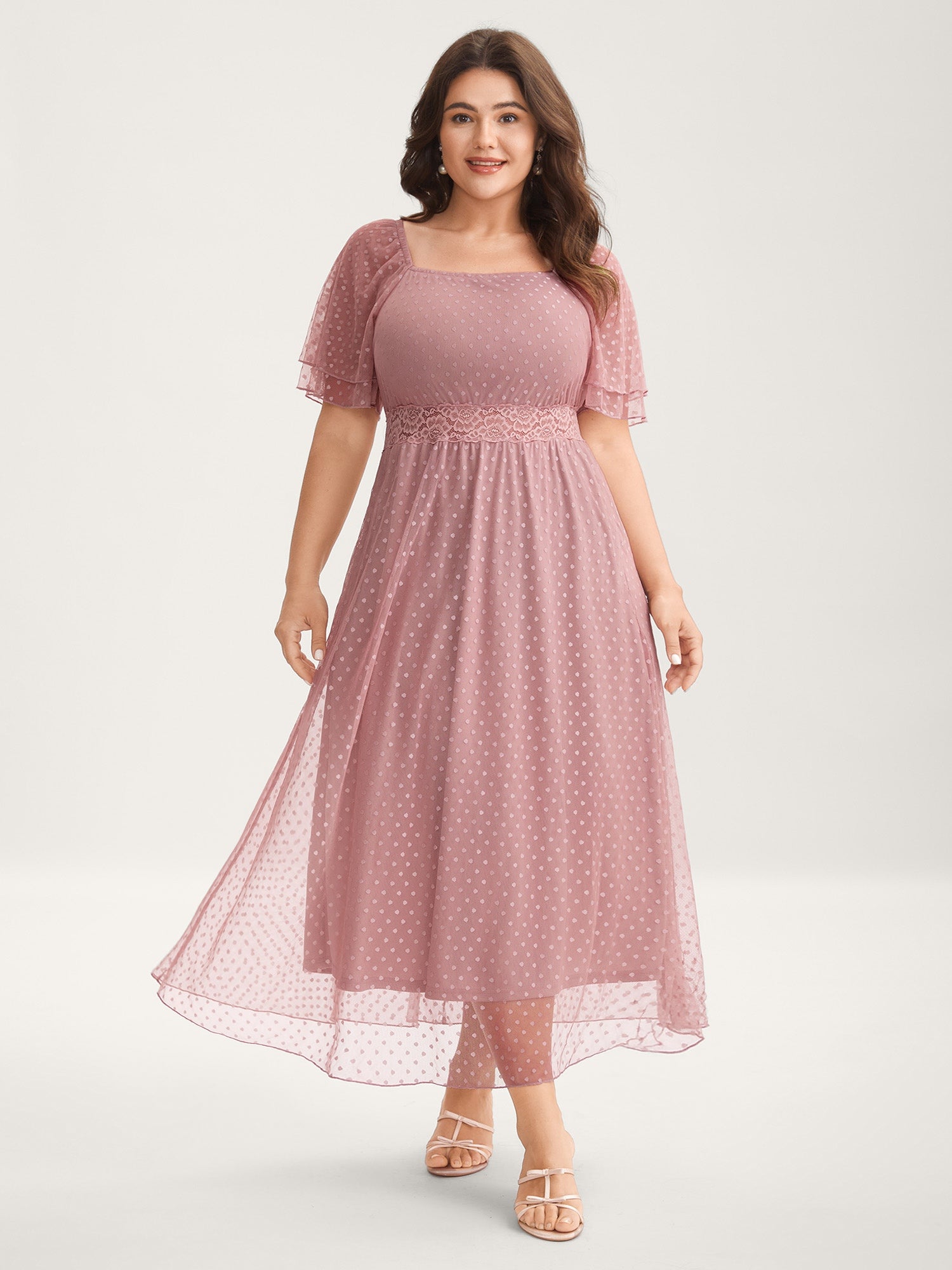 Textured Dot Lace Trim Midi Dress