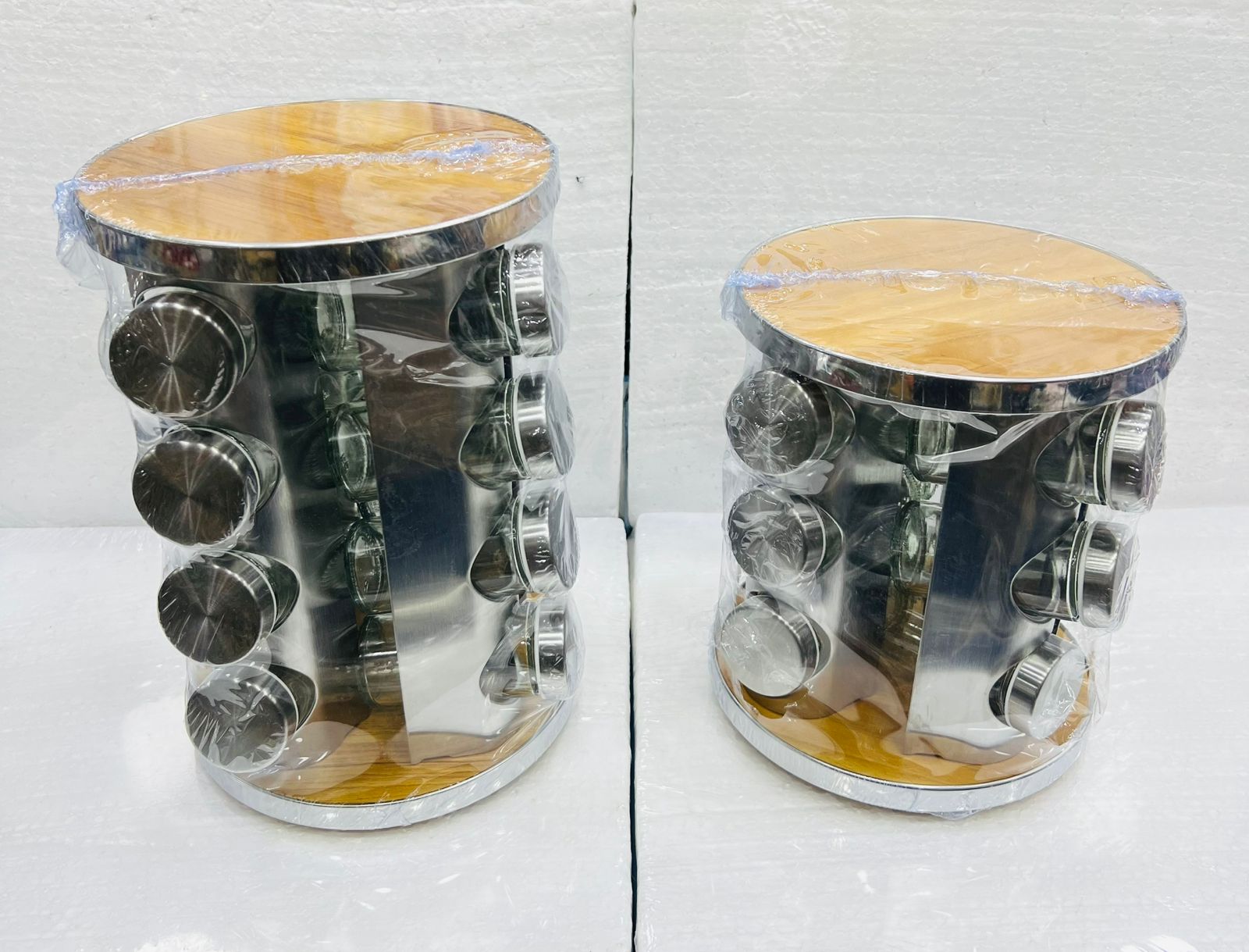 Rotating Spice Rack With Steel And Wood Body