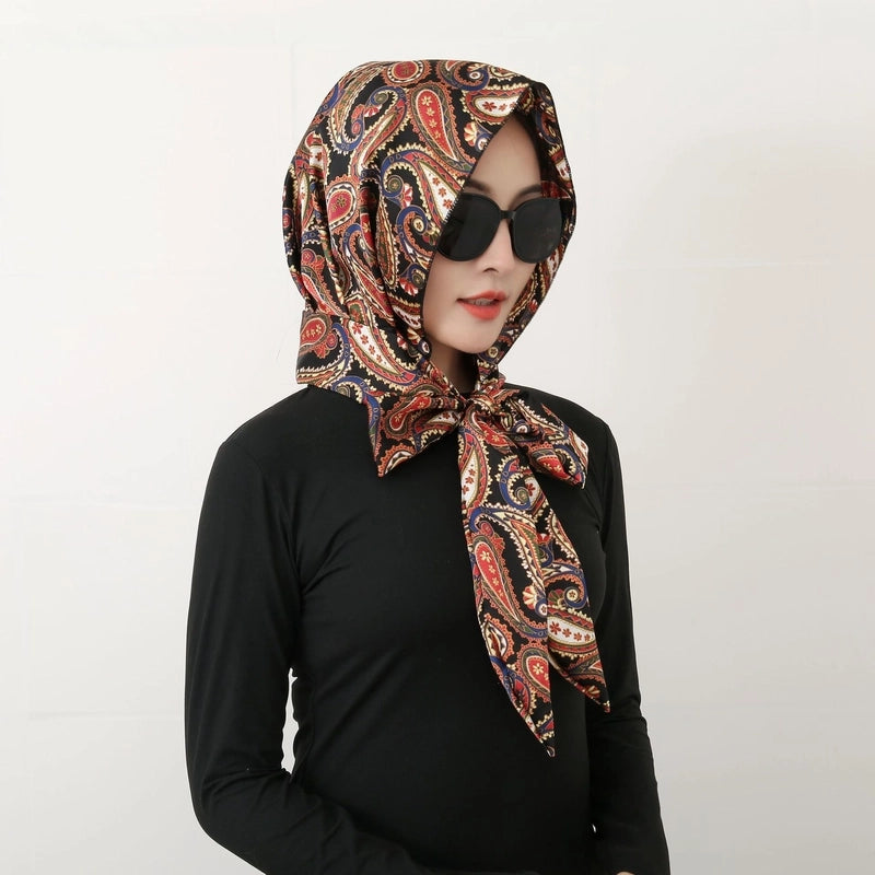 Women's Elegant Retro Flower Satin Printing Silk Scarf