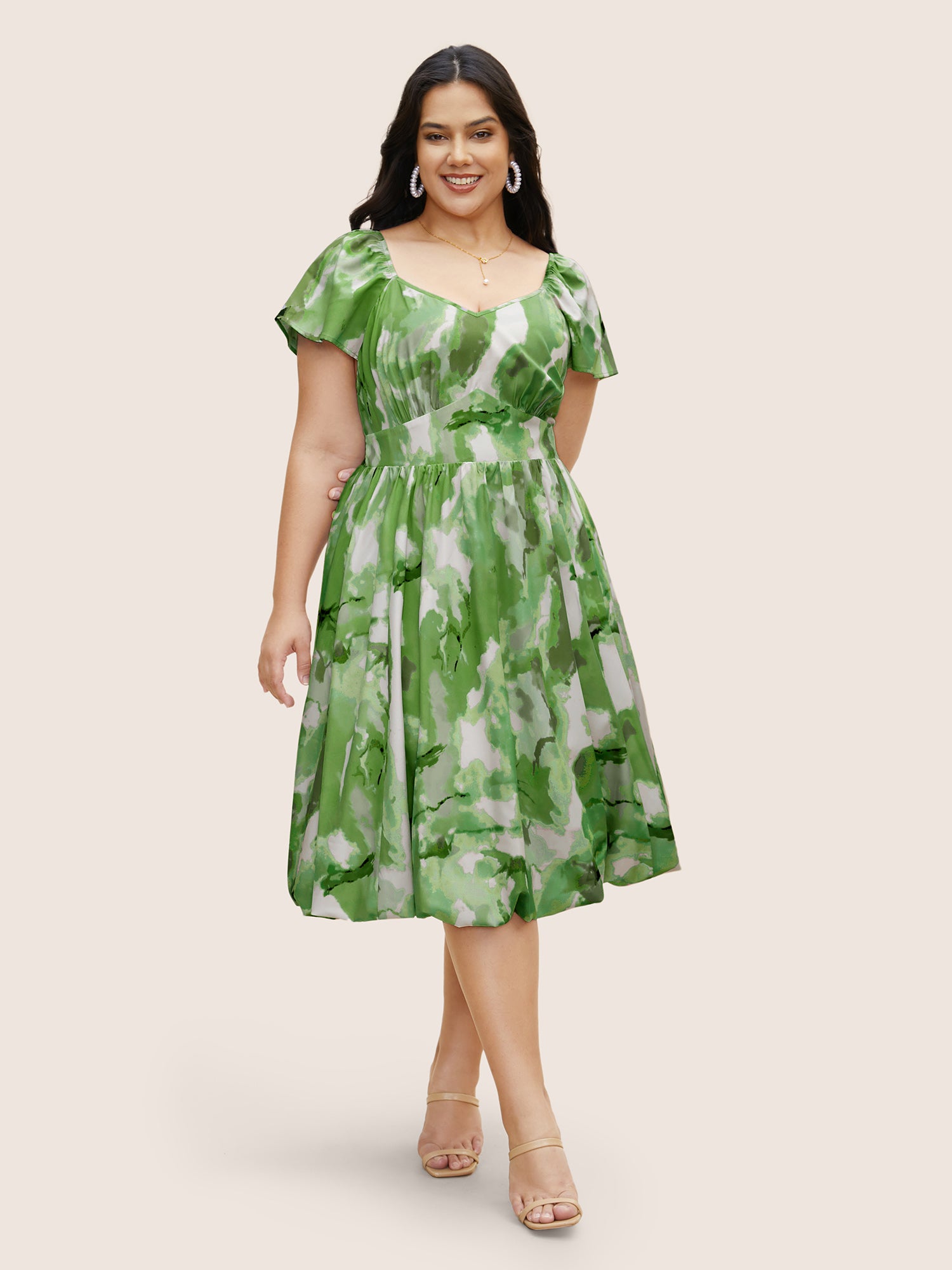 Watercolor Floral Ruffles Shirred Gathered Dress