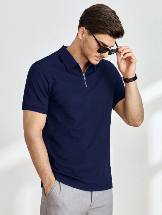 NAVY BLUE MEN SOLID QUARTER ZIP POLO SHIRT
