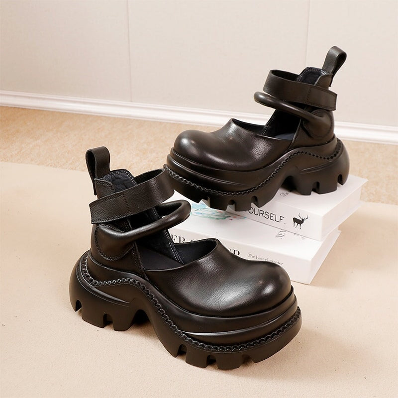 52mm Chunky Platform Cow Leather Sandals with Double Velcro Straps in Black/Brown