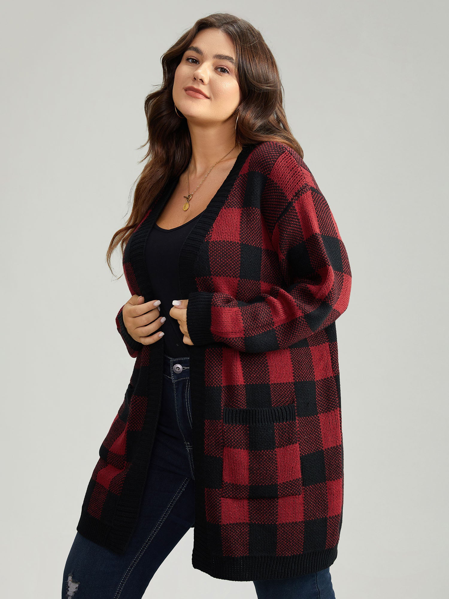 Plaid Patched Pocket Loose Cardigan