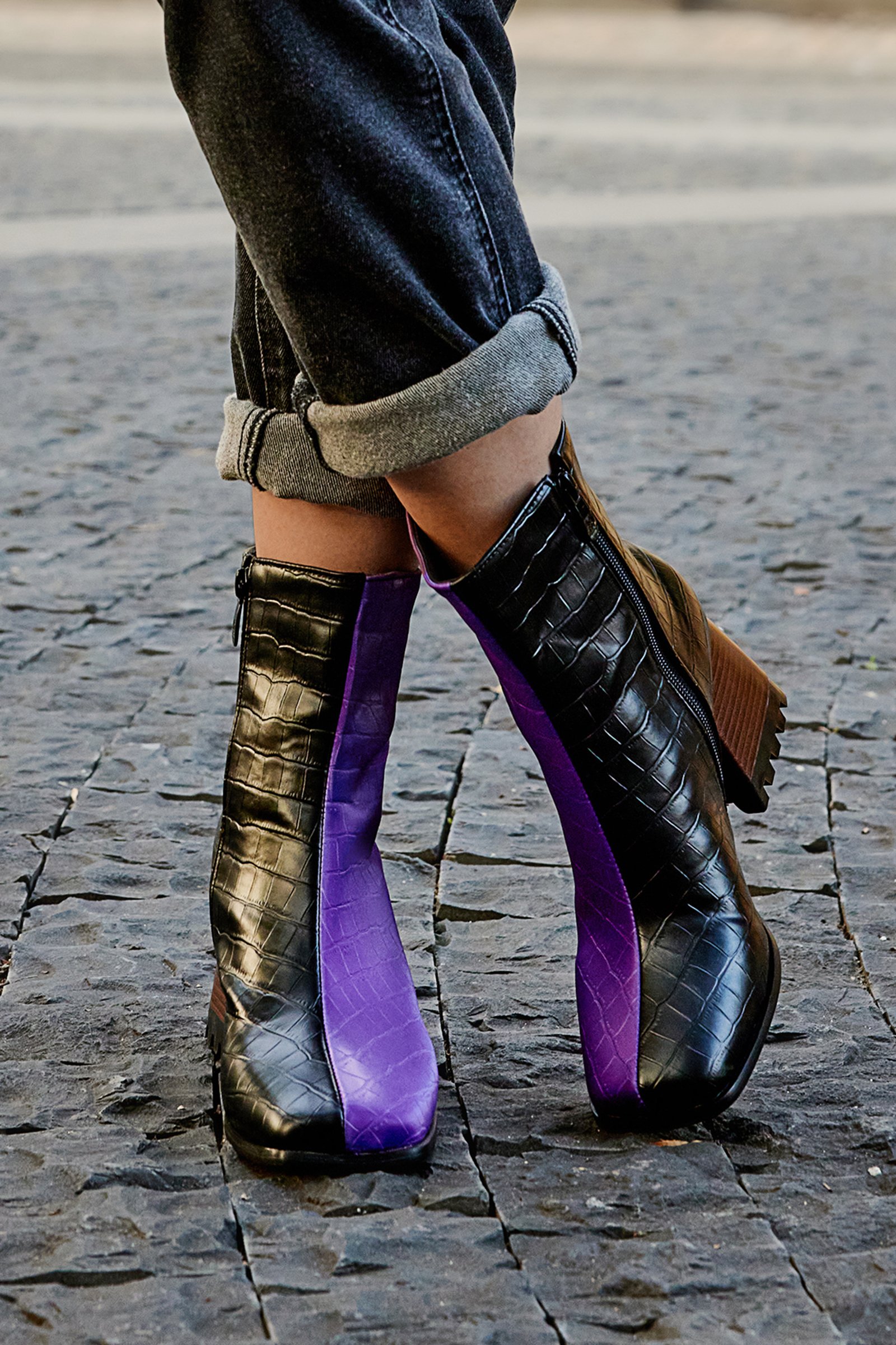 Colorblock Pattern Print Zip Square Toe Chunky Heels Ankle Boots
