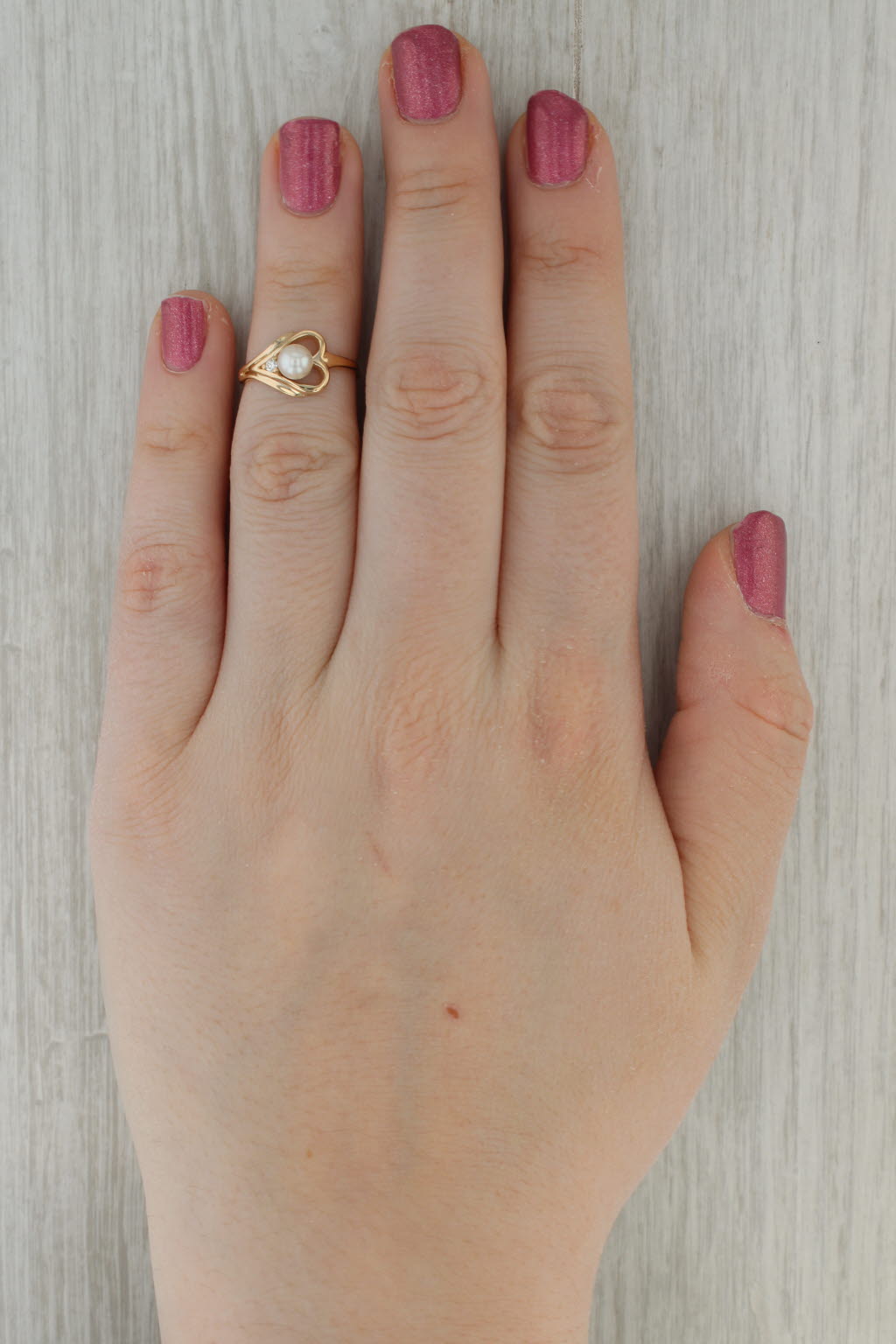 Cultured Pearl Diamond Heart Ring 14k Yellow Gold Size 5.5
