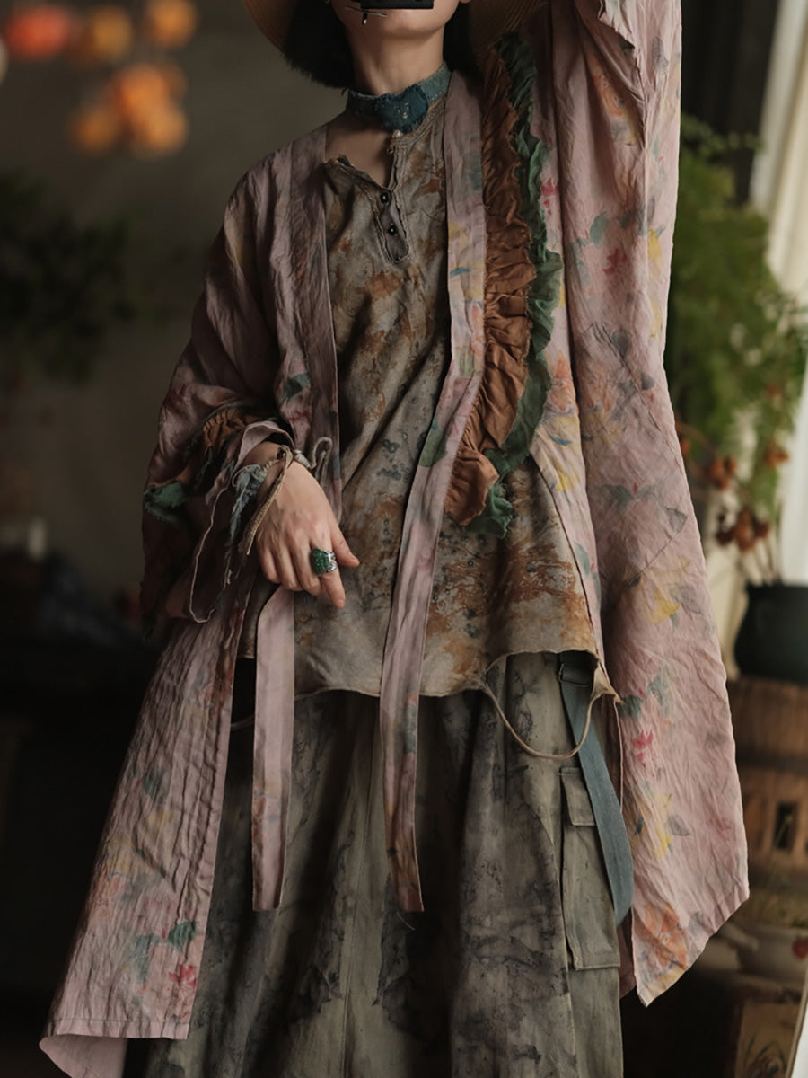 Women Summer Vintage Flower Spliced V-Neck Ramie Shirt Coat
