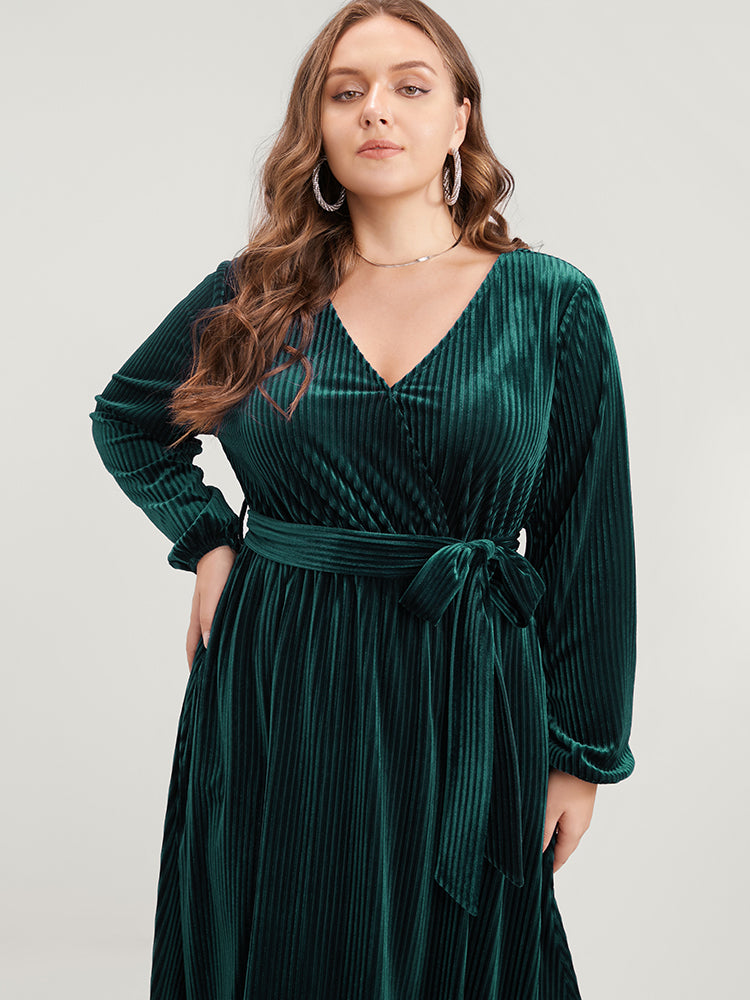 Striped Velvet Pocket Lantern Sleeve Belted Wrap Dress