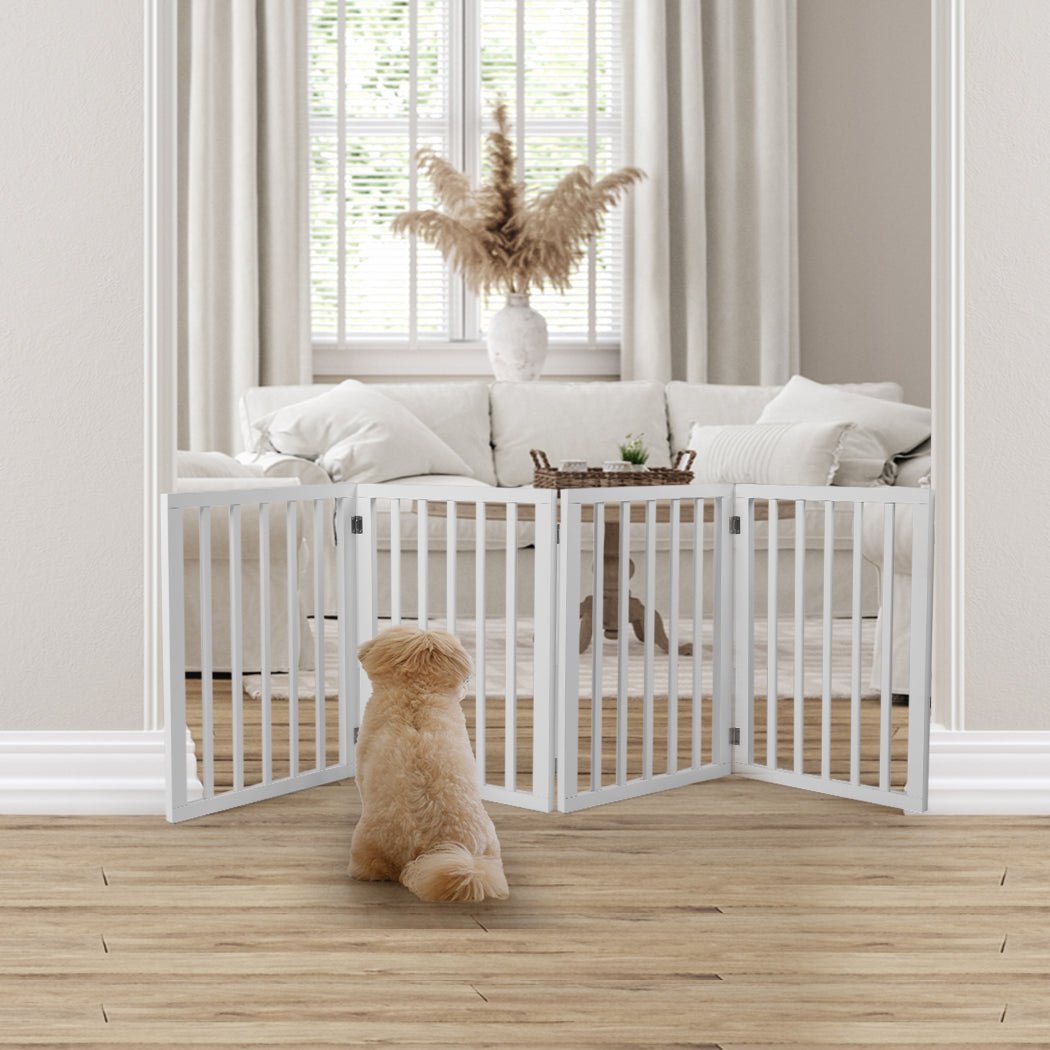 Wooden Pet Gate Retractable Barrier Portable Door 4 Panel White