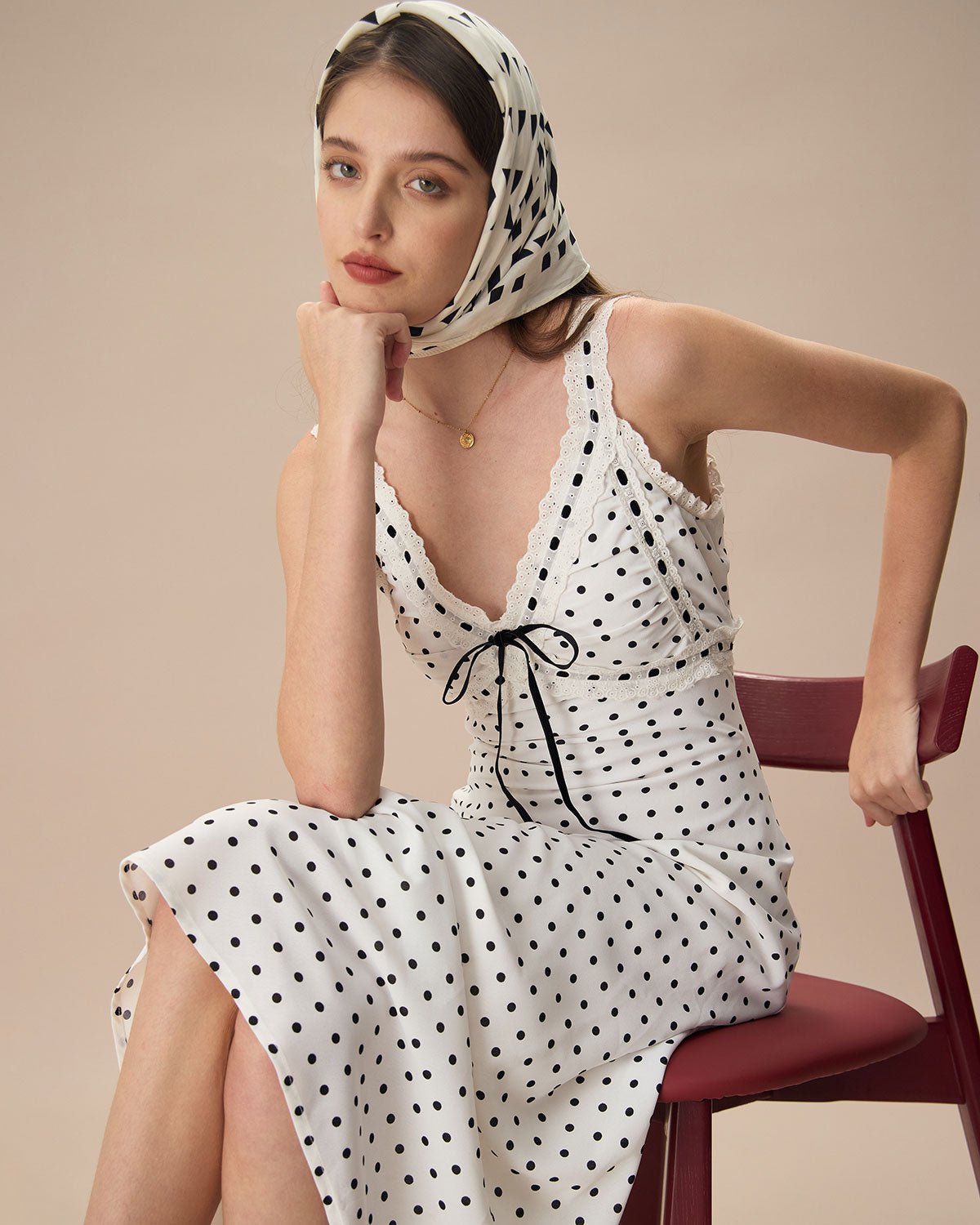 The White V-Neck Polka Dot Lace Trim Midi Dress