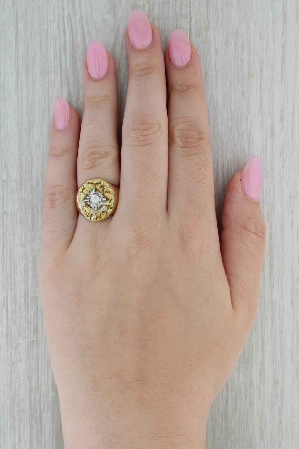 Vintage 0.22ct Diamond Solitaire Gold Nugget Ring 10k 18k Yellow Gold Size 9.25