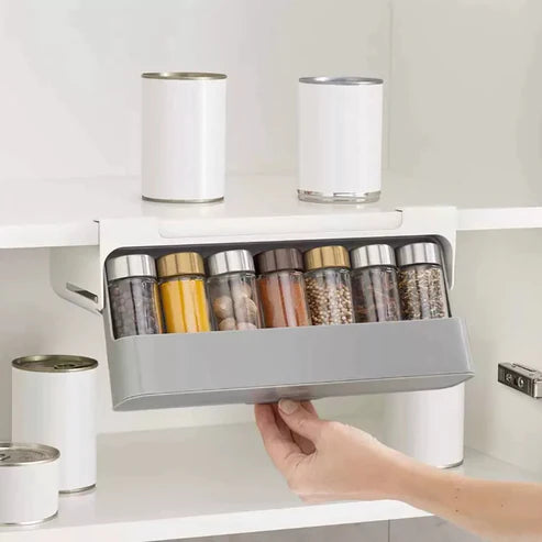 Kitchen Under-Shelf Drawer Spice Rack With 6 Seasoning Bottles. Under Shelf Spice Rack