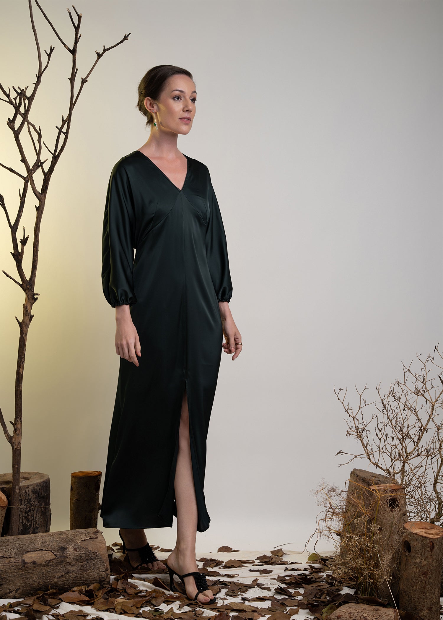 V Neck Long Sleeve Maxi Dress With Front Slit