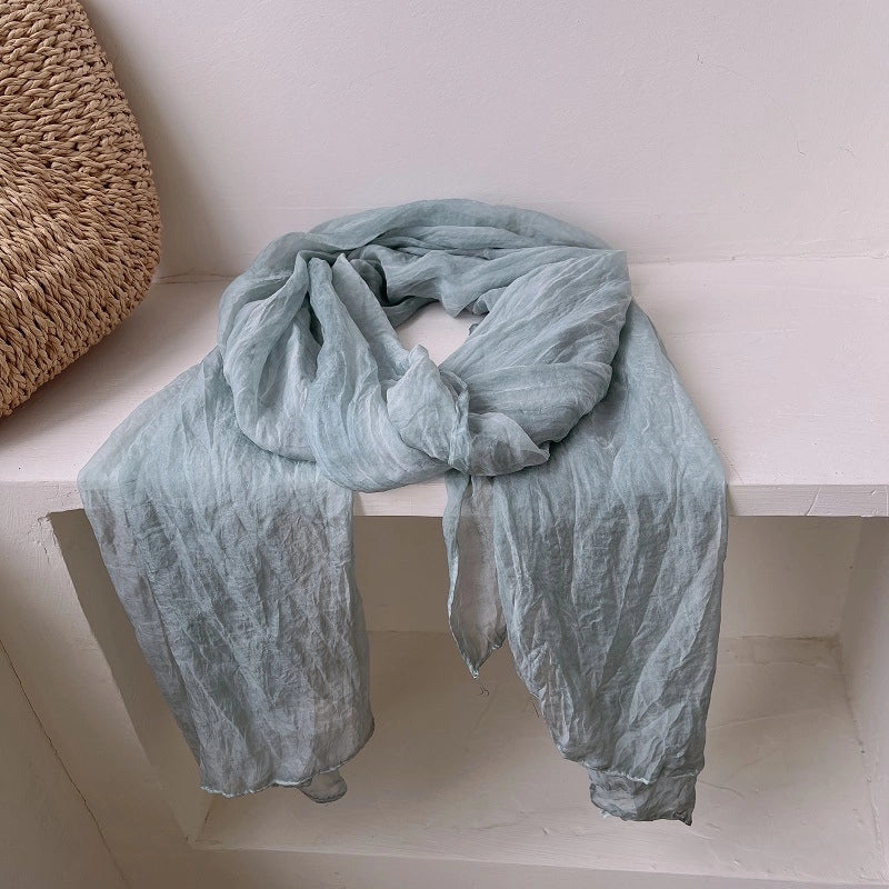 Pleated Retro Silk Scarf Women's Spring And Autumn Artistic Nostalgic Tie-Dye Scarf High-grade Solid Color Decorative Casual Scarf