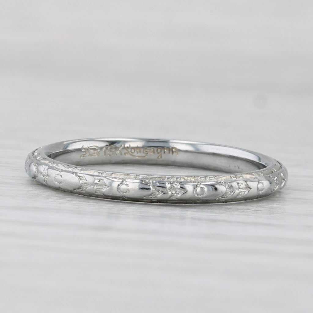 Floral Etched Art Deco Wedding Band 18k White Gold Size 7.25 Stackable Ring