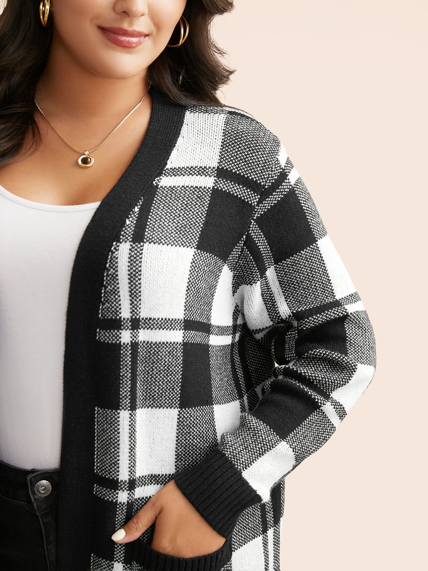 Kimono Collar Plaid Slit Hem Cardigan