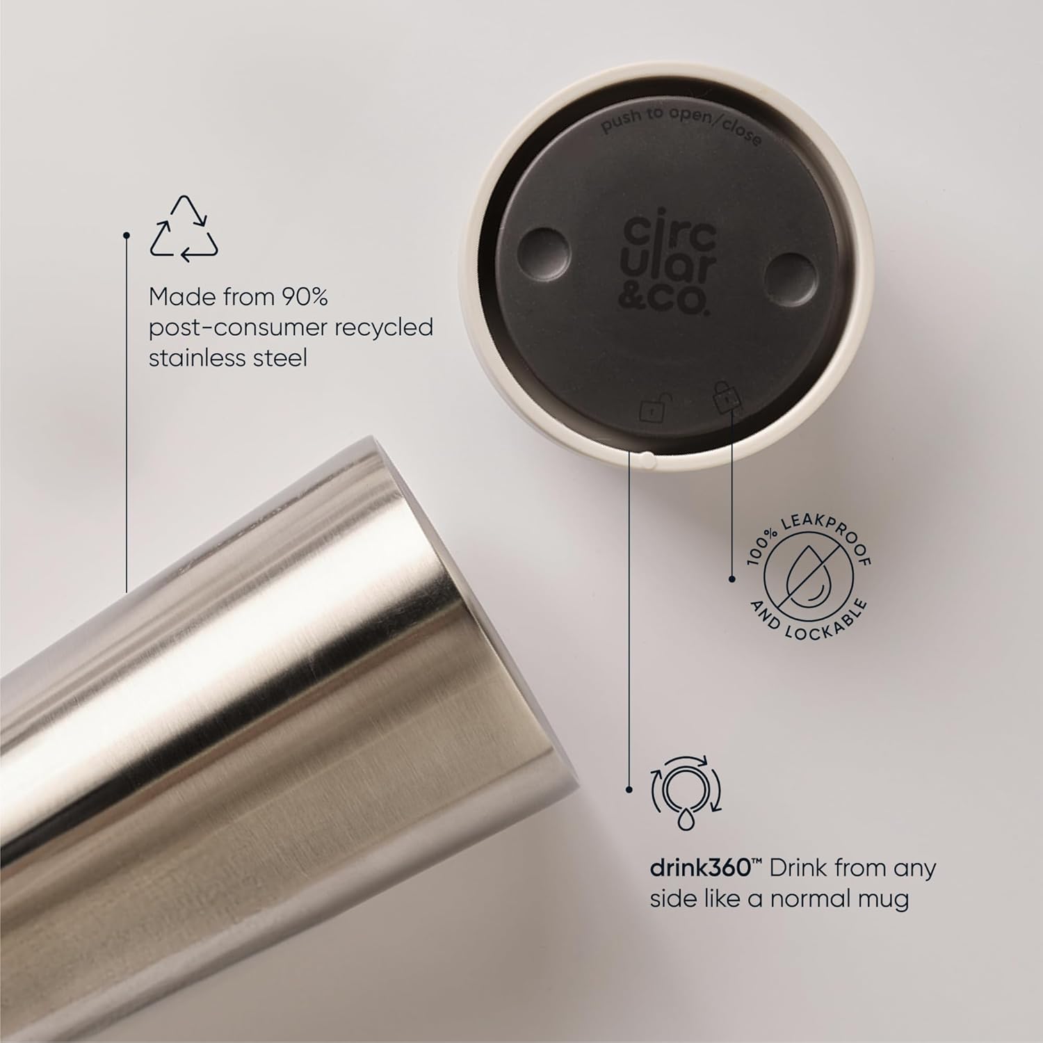 Circular & Co Thermal Stainless Steel Travel Mug - 8oz/227ml - Insulated Reusable Coffee Cup - 100% Leakproof & Lockable - 6 Hours Hot/Cold - Push Top, One Hand Open, 360 Drinking Coffee Tumbler