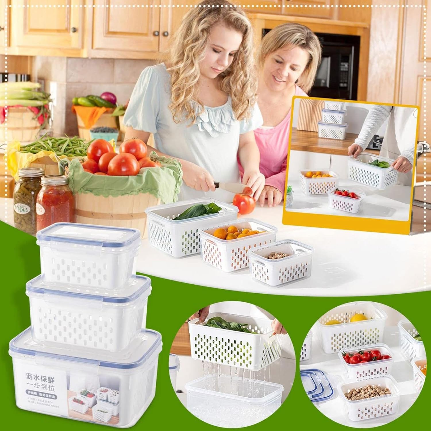 Fruit And Vegetable Storage Container For Refrigerator. 3 In 1 Organizer For Fruit Salad Meat Storage