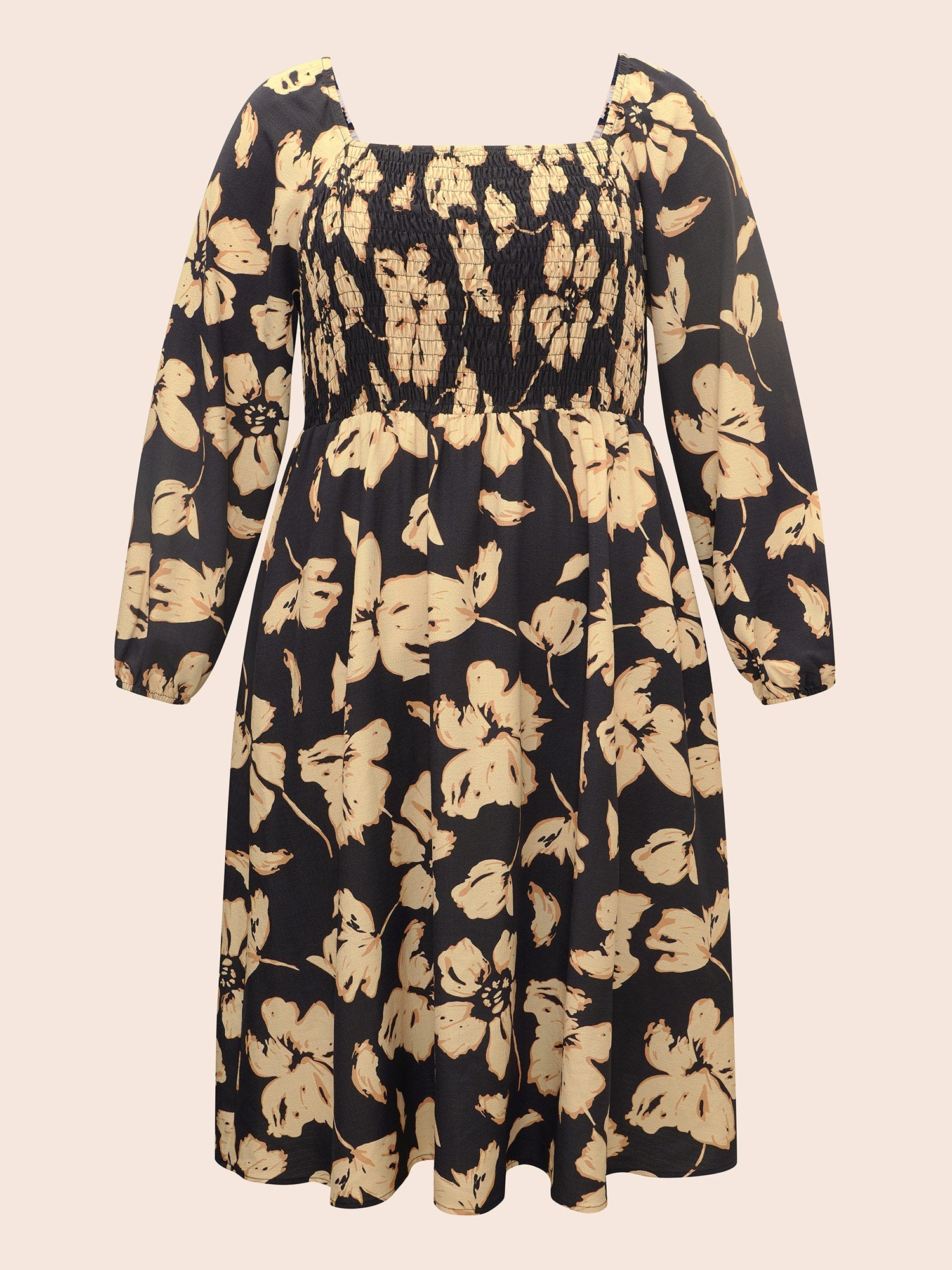 Floral Square Neck Shirred Lantern Sleeve Dress