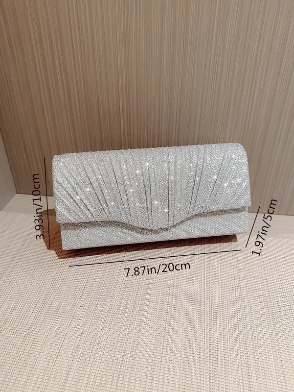 Apricot Silver Polyester Solid Color Rhinestone Square Evening Bags