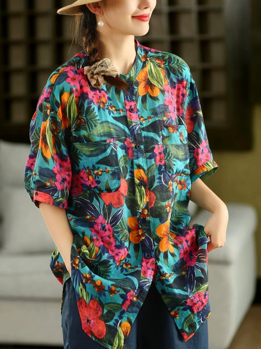 Women Summer Artsy Flower Turn-down Collar 100%Raime Shirt