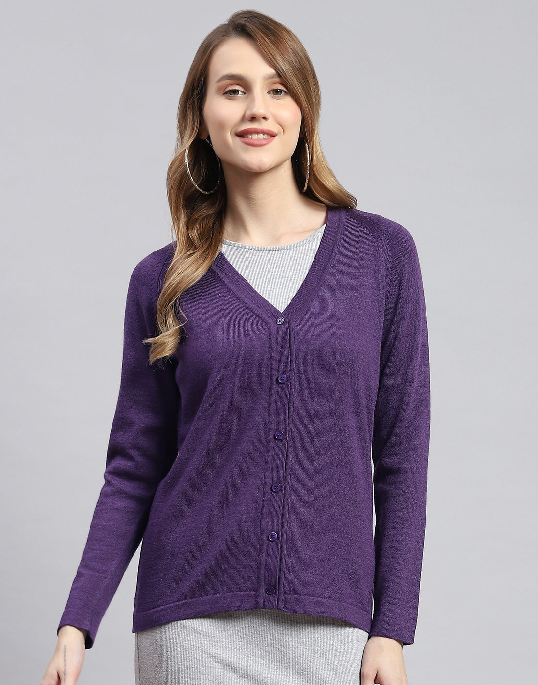 Women Purple Solid V Neck Full Sleeve Cardigans