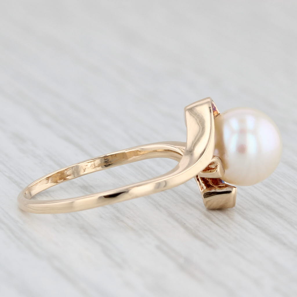 Cultured Pearl Bead Solitaire Bypass Ring 14k Yellow Gold Size 6.75