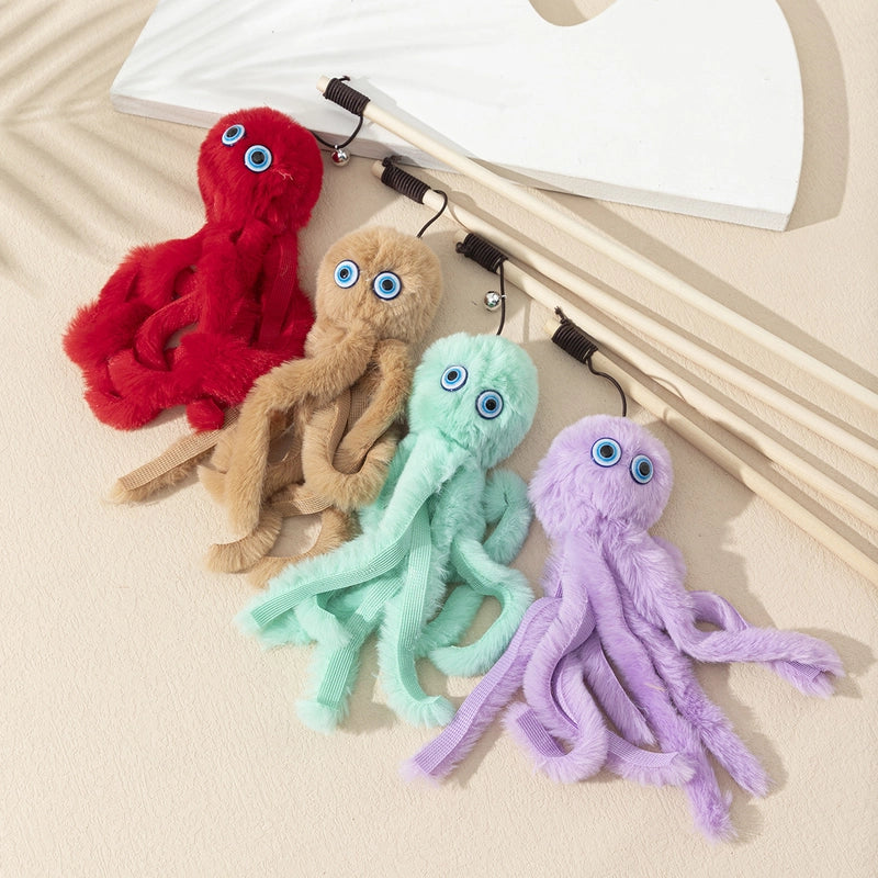Octopus Cat Toy Stick Wooden Rod Plush Realistic Doll Toy For Cats Interactive Fluffy Furry Pet Kitten