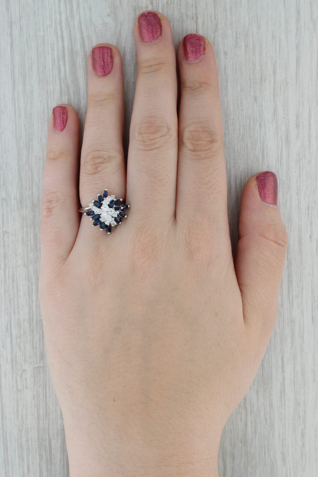 1.77ctw Blue Sapphire Diamond Cluster Cocktail Ring 18k White Gold Size 7.5