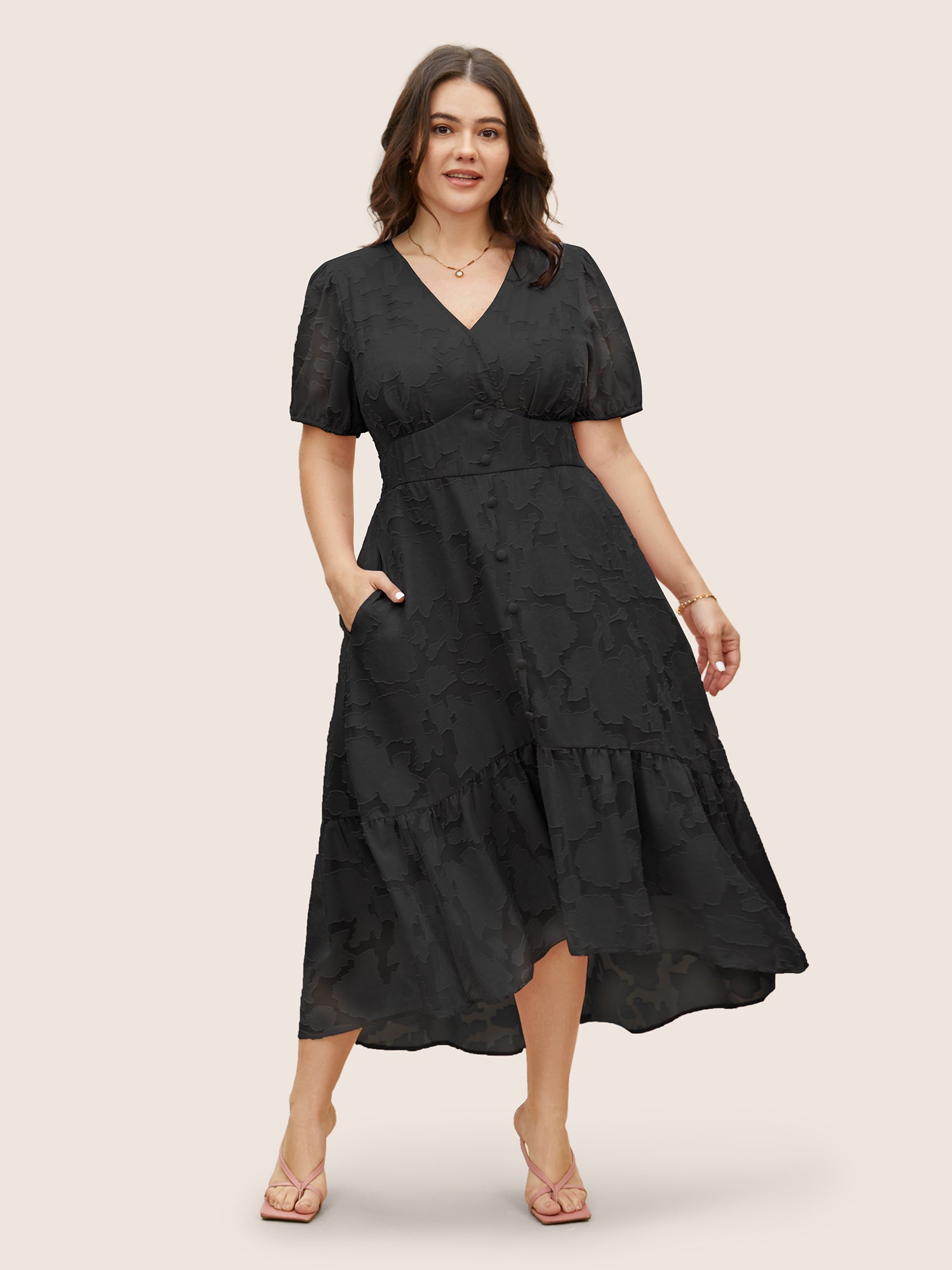 Solid Textured Lantern Sleeve Button Detail Dress