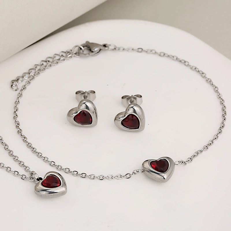 Classic Style Heart Shape 304 Stainless Steel Rhinestones Inlay Jewelry Set