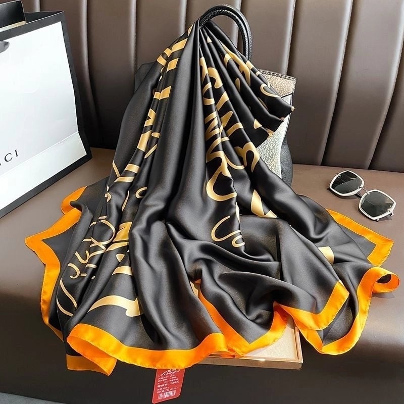 Women's Fashion Letter Plaid Satin Printing Silk Scarves