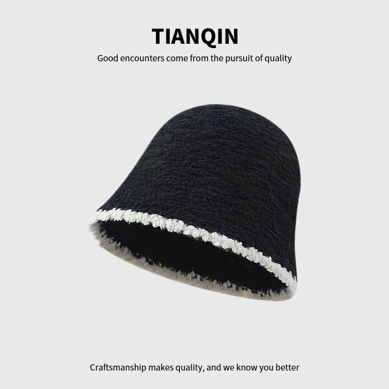 Fisherman Hat Women's Autumn And Winter Big Head Circumference Face-looking Small Bucket Hat Plain Warm Face-covering Plush Basin Hat For Women