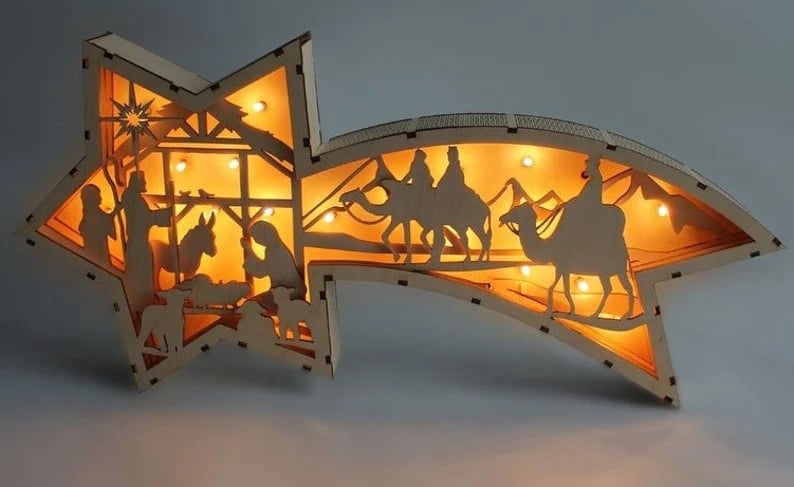 🎅LED Wooden Christmas Ornaments Nativity Scene Star Shaped Desk Lamp🌟