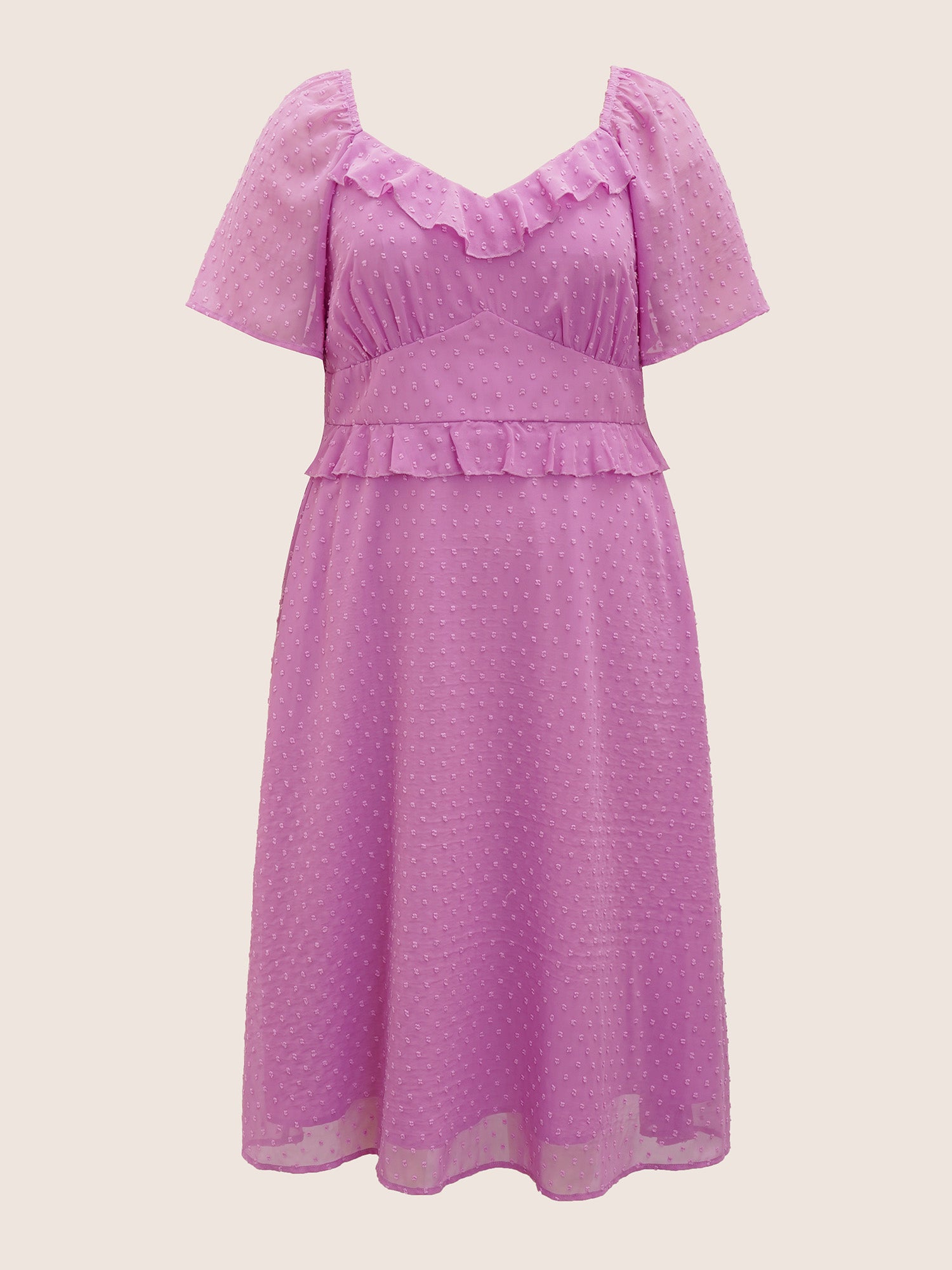 Textured Ruffles Shirred Raglan Sleeve Dress