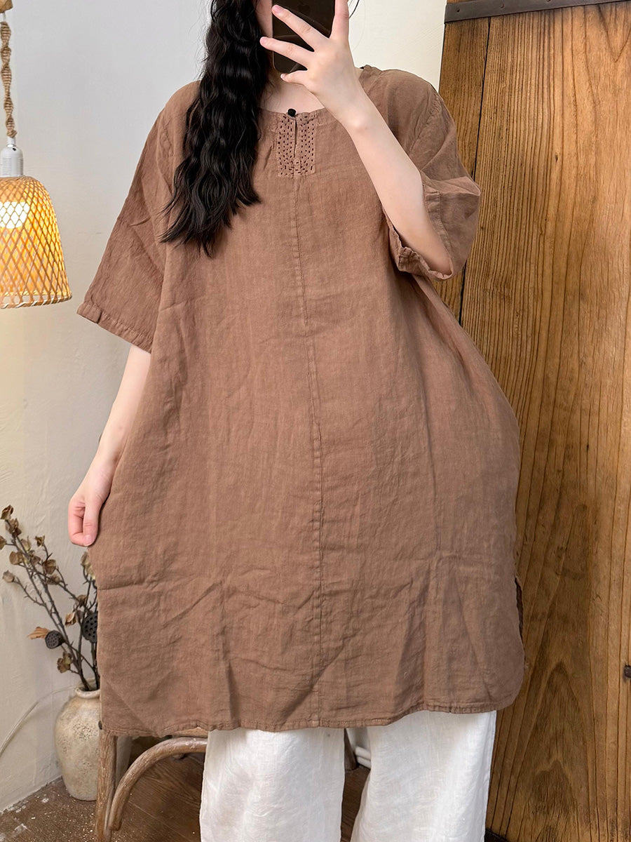 Women Summer Casual Pure Color O-Neck Hemp Shirt