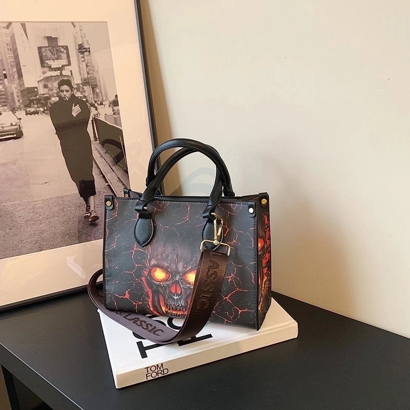 Halloween Women's Large Pu Leather Skull Streetwear Square Zipper Tote Bag