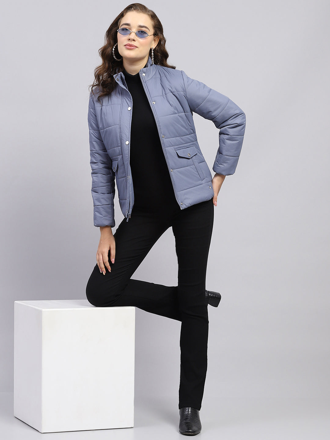 Women Blue Solid Mock Neck Full Sleeve Jacket