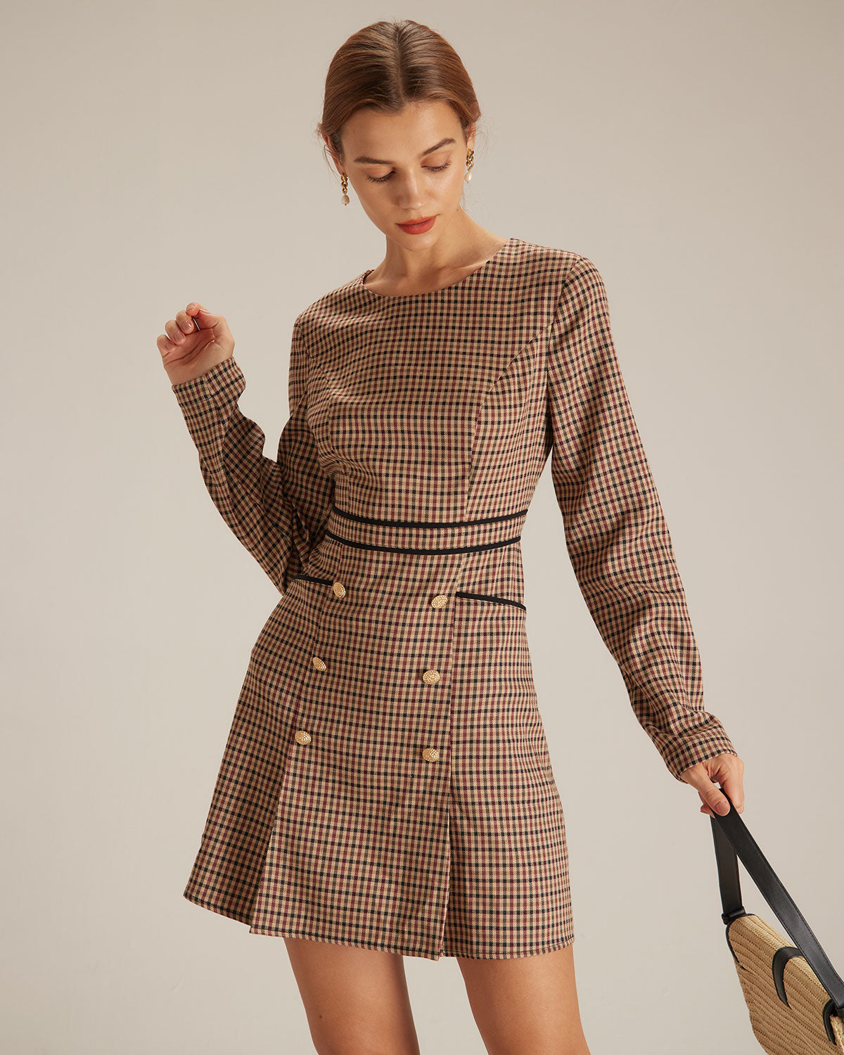 The Brown Round Neck Plaid Button Mini Dress
