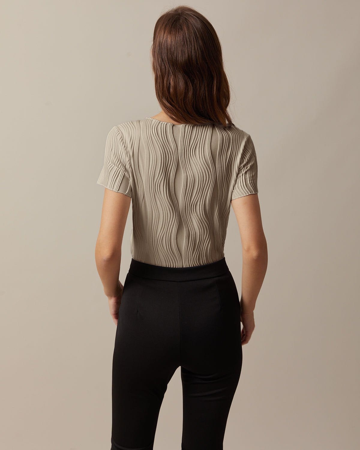The Khaki Boat Neck Water Ripple Textured Tee