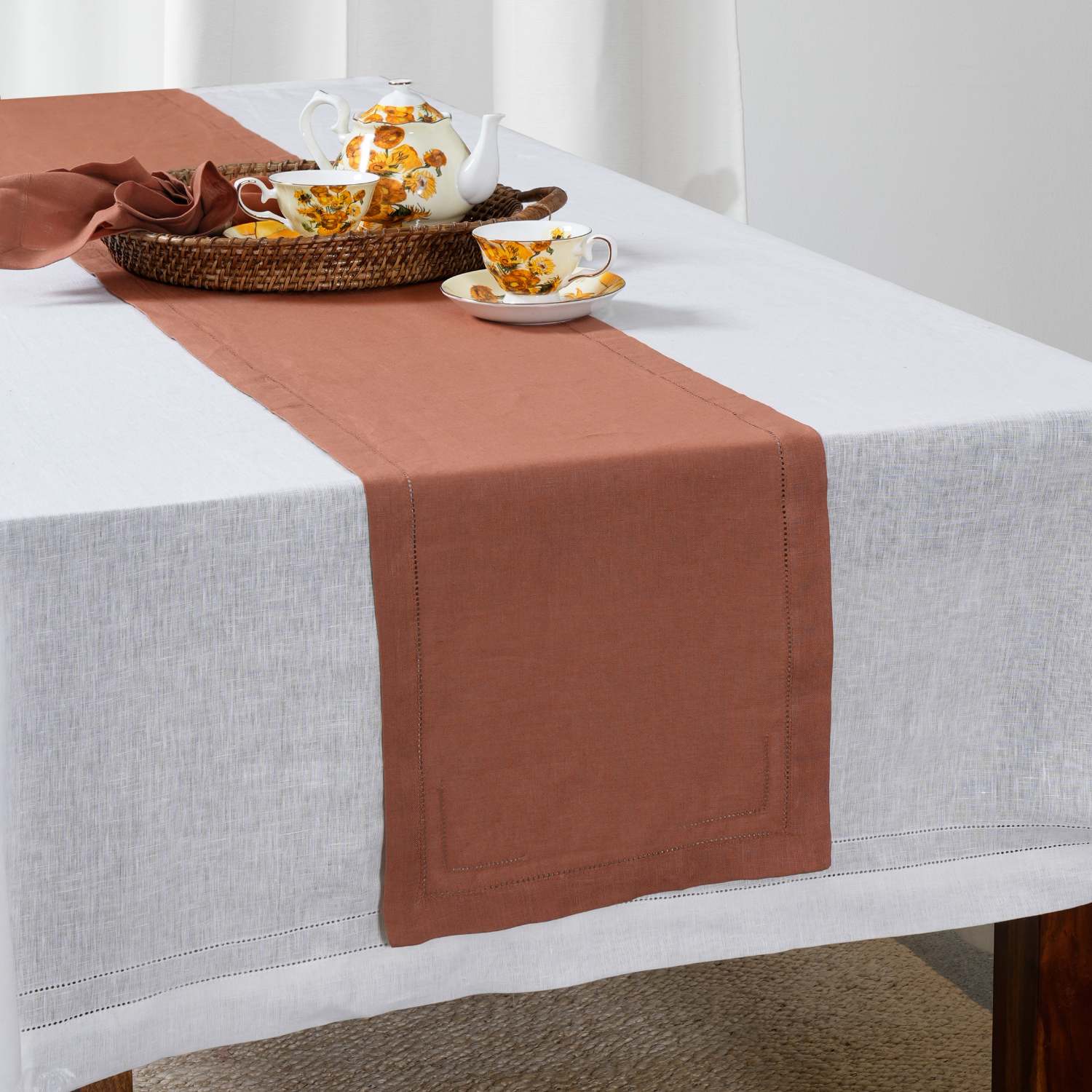 Rust 100% Linen Incomplete Hemstitch Table Runner 72