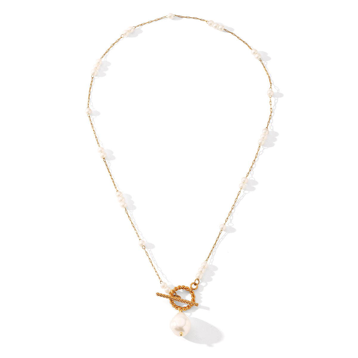 Pearl 0T Buckle Necklace Baroque Freshwater Pearl Pendant Necklace Women'S Retro Sweater Chain
