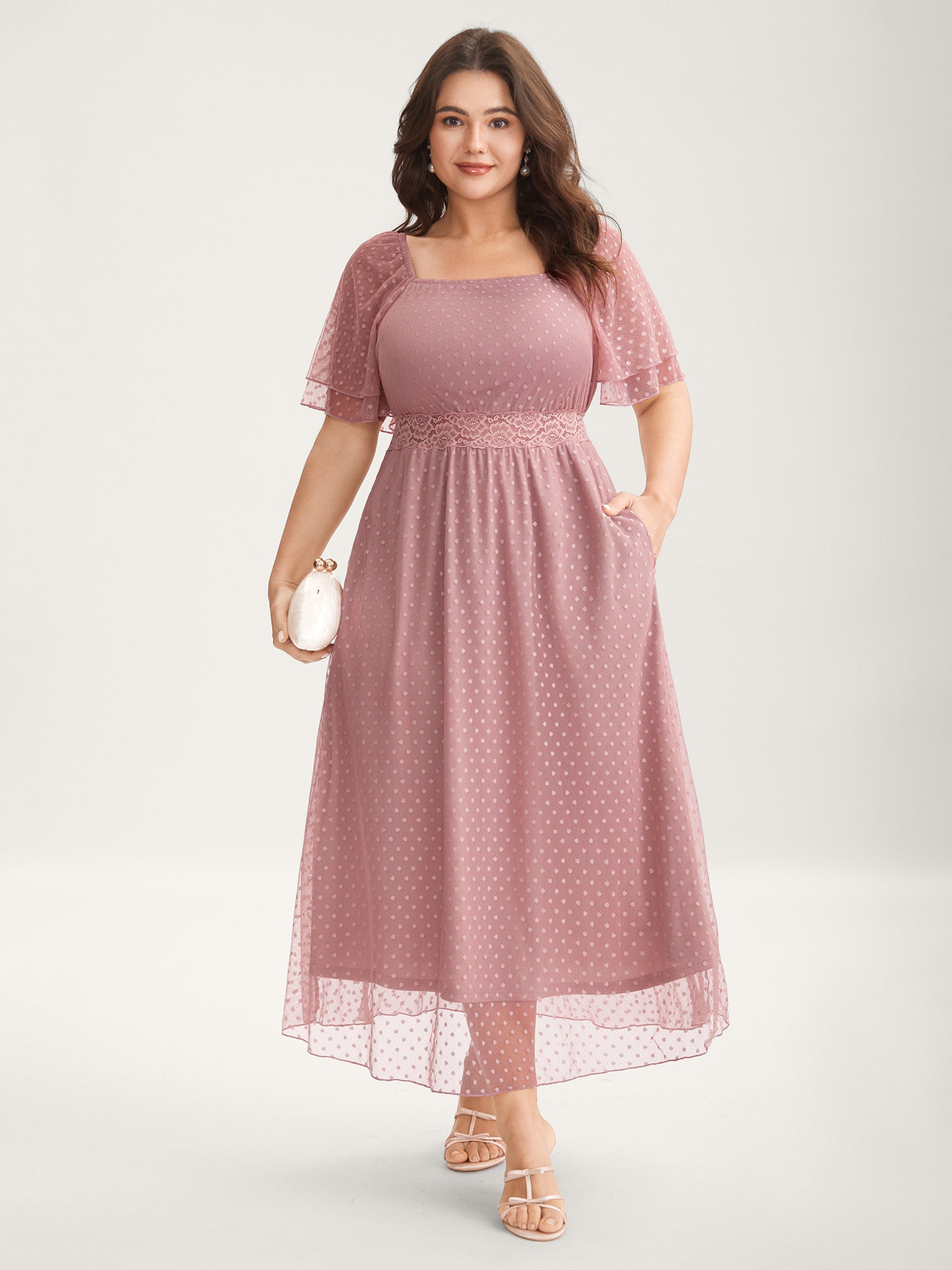 Textured Dot Lace Trim Midi Dress