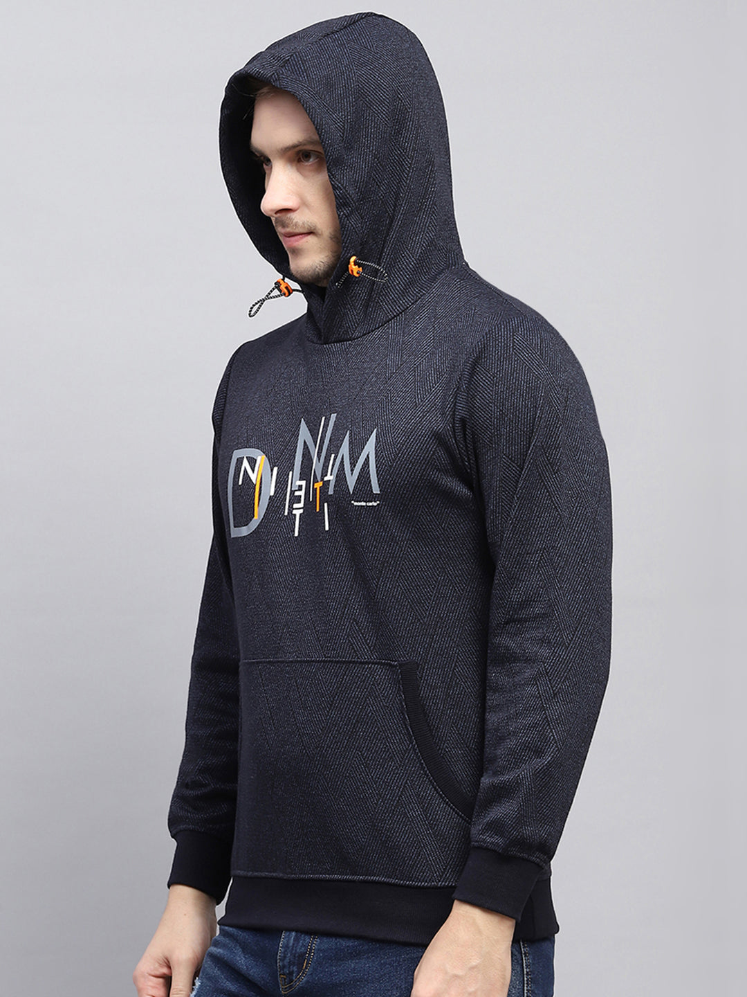 Men Navy Blue Printed Hooded Full Sleeve Winter T-Shirt